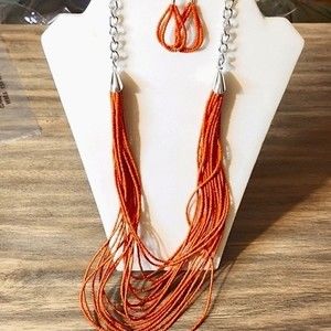 NWT Multi Strand Burnt Orange Seed Bead Long Necklace with Earrings